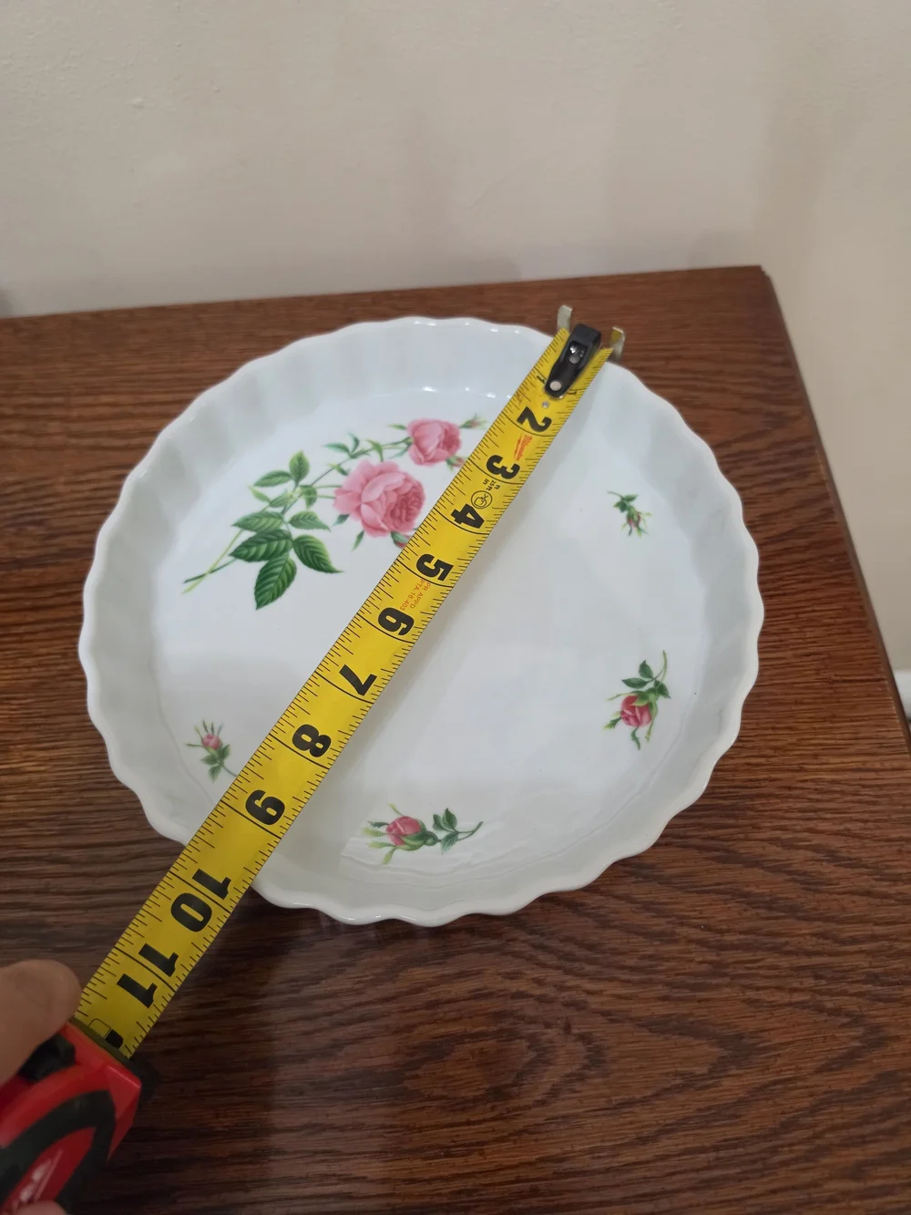 Vintage Pie Dish White Floral Scalloped Edge Serving Dish with Pink Rose Motif